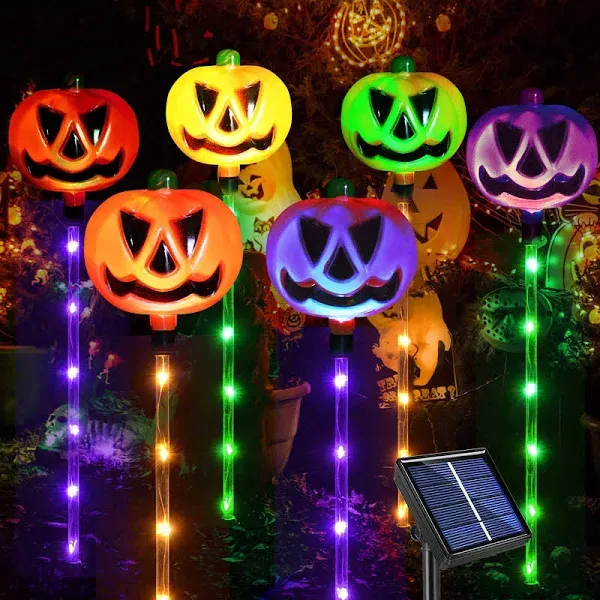 6 Pcs Solar Halloween Lights Pumpkin Garden Lights for Halloween Decorations, Outdoor Halloween Waterproof Lights, 8 Modes Pathway Lights for Garden Patio Yard Pathway Lawn Party Decor Multicolor