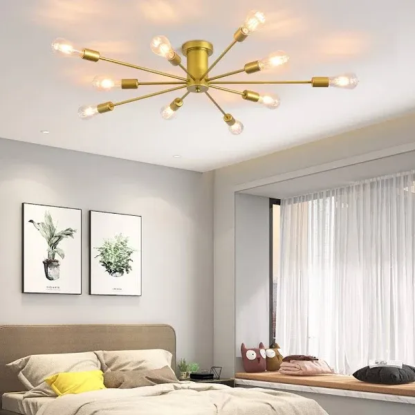 10 Lights Modern Sputnik Ceiling Chandelier Gold Industrial Ceiling Lamp Mid Cen