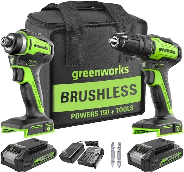 Greenworks 24V Brushless Cordless Drill and Impact Driver Power Tool Combo Kit