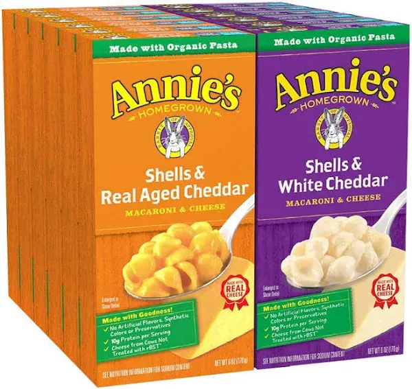 Annie's Organic Macaroni and Cheese Variety Pack Shells & White Cheddar and Shells & Real Aged Cheddar 6 oz (Pack of 12)