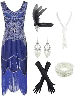 1920s Gatsby Sequin Fringed Paisley Flapper Dress with 20s Accessories Set