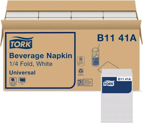 Tork White Beverage Napkin 1/4 Fold 1-Ply