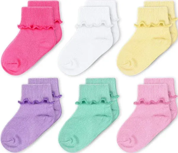 CozyWay Baby Girls Socks Ruffle Ripple Edge Turn Cuff Socks for Baby Toddler Girls | 6-Pairs