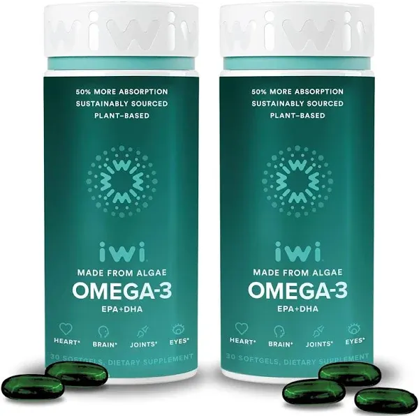 Iwi Omega-3, 120 Mini Softgels (60 Servings), Easy to Swallow, Plant-Based Algae Omega 3 with EPA + DHA, Whole-Body Support Dietary Supplement, Krill & Fish Oil Alternative, No Fishy Aftertaste