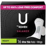 U by Kotex Balance Heavy Ultra Thin Pads with Wings - 16 Count