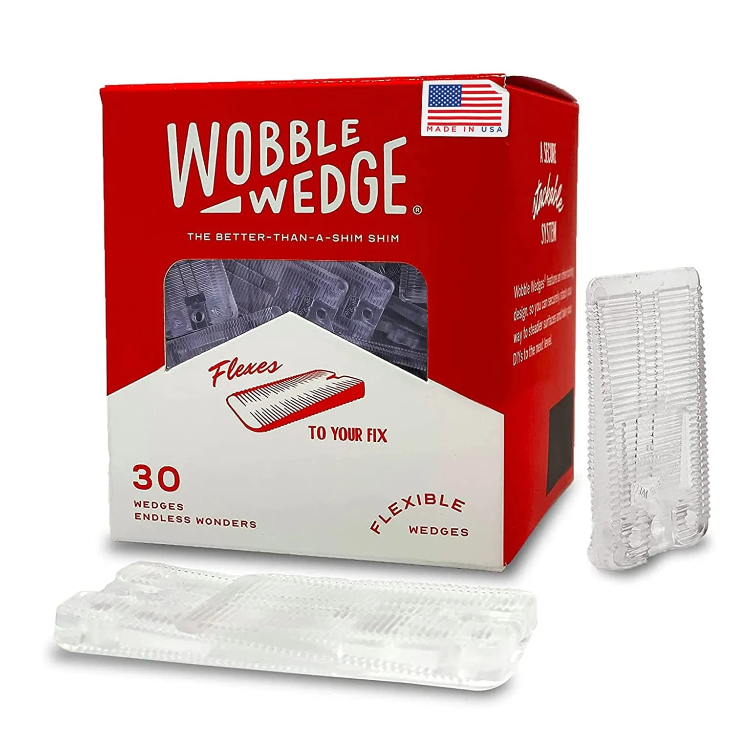 Wobble Wedges Flexible Plastic Shims, 30 Pack - MADE IN USA - Multi-Purpose Shim Wedges for Home Improvement & Work - Plastic Wedge, Table Shims for Leveling, Toilet Shims & Furniture Levelers - Clear