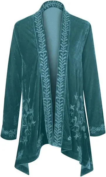 Floriana Women's Floral Embroidered Velvet Kimono - Boho Open Front Cardigan - Teal - 2x