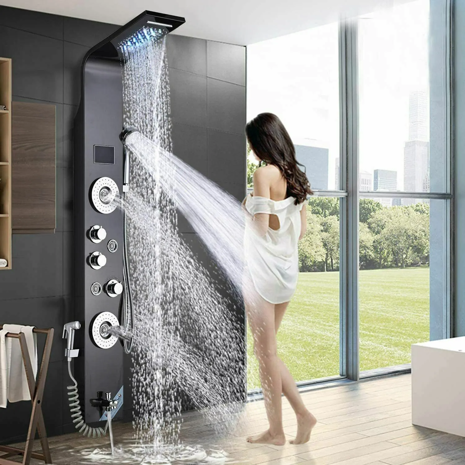 Black Shower Panel Tower System LED Rainfall Waterfall Massage Body Jets Faucet