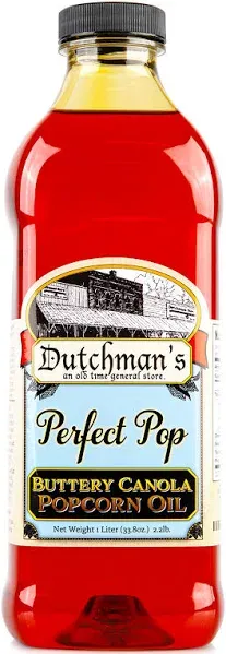 Dutchman’s Popcorn Oil Butter Flavor, Perfect Pop Butter Flavored Canola Oil, 33.8 oz. Colored with Natural Beta Carotene, Make Theater Style Popcorn at Home, Vegan, Healthy, Zero Trans Fat