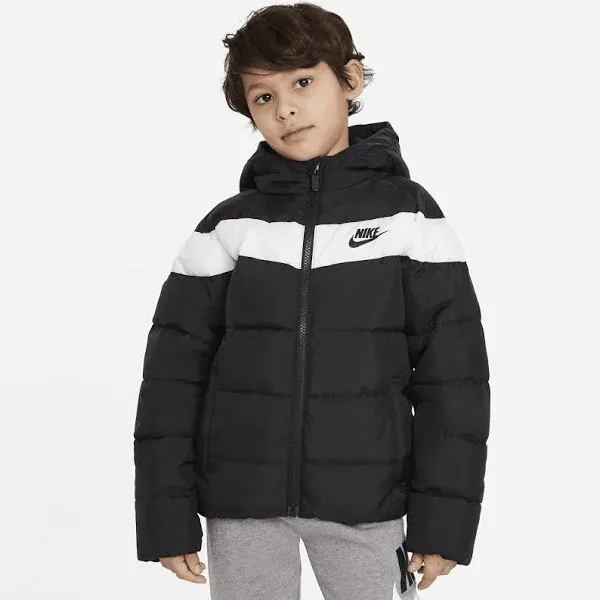 NEW Nike Boy&#039;s S SMALL 4-5 Zip-Up Hooded Puffer Jacket Sportswear BLACK WHITE