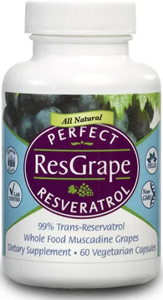 Perfect ResGrape Resveratrol Max - 99% Trans-Resveratrol & Whole Food Organic Muscadine Grapes - 60 Vegetable Capsules