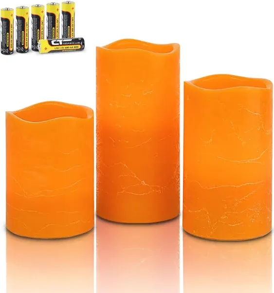 Rhytsing Orange Flameless Pillar Candles with Timer Function for Fall and Halloween, Battery Operated Led Candles Rustic Real Wax Finish, Warm White Light, 6 Batteries Included - Set of 3