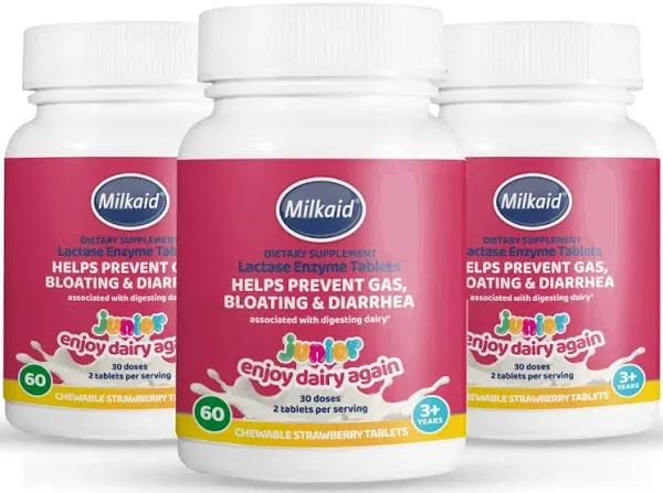 Milkaid Junior Lactase Enzyme Chewable Tablets for Lactose Intolerance | Prevents Gas, Bloating, Diarrhea in Children| Fast Acting Dairy Digestive Supplement for Kids| Strawberry Flavor | 60 ct (1)