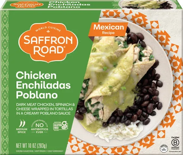 Saffron Road Chicken Enchiladas Poblano with Black Beans and Rice Frozen Dinner, 10oz