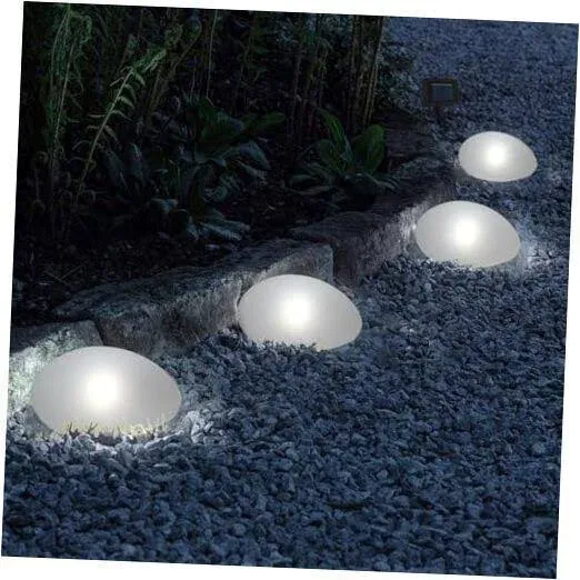 Solar Garden Lights Outdoor Set of 4 Plastic Pebble Shape Decorative Rock Lig...