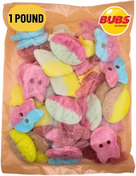 Bubs Swedish Godis Candy, 1 Pound Mix, Sweet and Sour Candy Mix, Foam Candy, Vegan Foam Candy, Bubs Giant Sour Foam Raspberry Skulls, Bubs Banana Foam Candy, Bubs Dizzy Skull Sour Foam Gummies, Bubs Sour Tutti Frutti Candy, 1 Pound Mixed Bag, Packed in a Blue Desert Market Bag