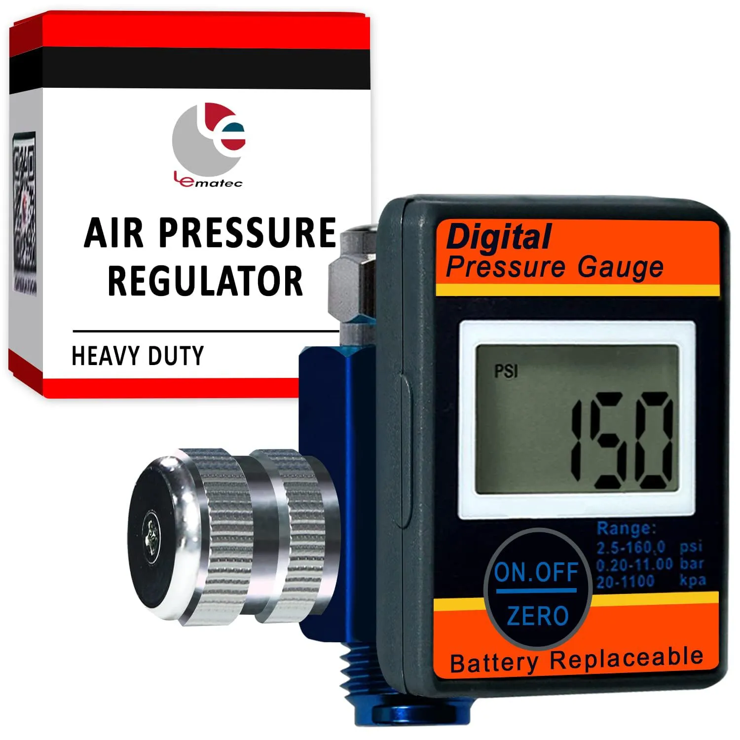 LE LEMATEC Air Compressor Regulator Valve with Digital Pressure Gauge, for Precise Control in Air/Pneumatic Tool, Spray Painting, Tire Inflation & More, ¼ NPT, Up to 160 PSI, LED Display (DAR01B)