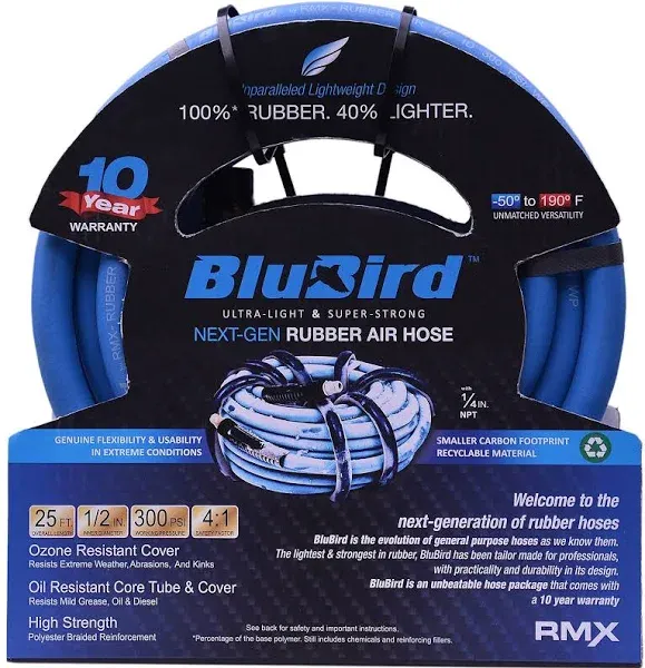 BLUBIRD BB1225 1/2 x 25&#039; Rubber Air Hose, 100% Rubber, Lightest, Strongest, Most