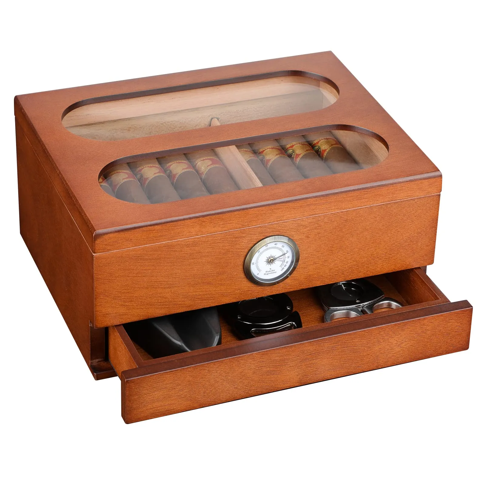 COOL KNIGHT Cigar Humidor with Front Hygrometer, Humidifier and Accessory Drawer