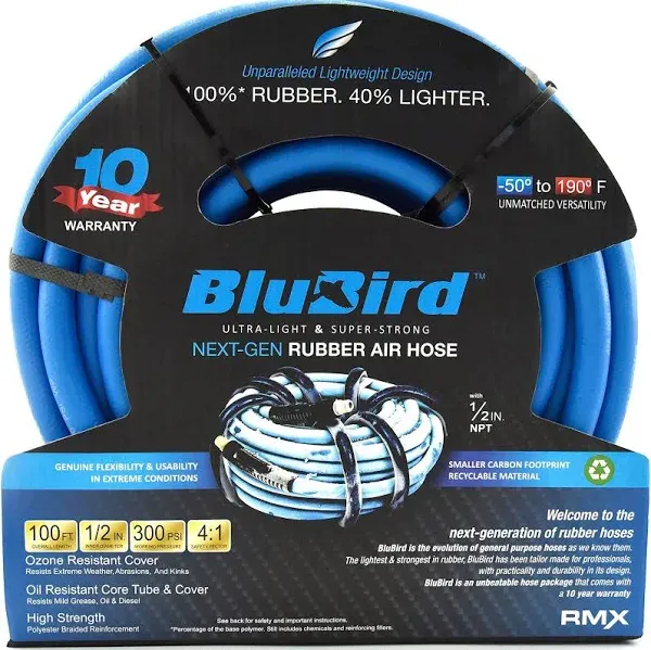 BLUBIRD BB1225 1/2&#034; x 25&#039; Rubber Air Hose 100% Rubber Lightest Strongest Most...