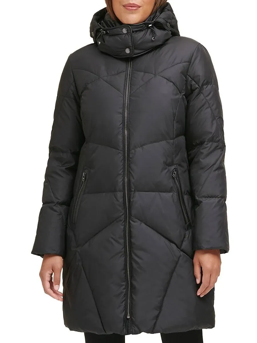 New Cole Haan Women&#039;s Hooded Down Puffer Coat L Black M0830