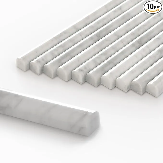 SUNWINGS 10-Pack Carrara White Marble Pencil Liner Tile Trim, 3/4''x12" Honed Natural Stone Bullnose Tile Edge Trim Molding for Kitchen Bathroom Shower Backsplash Wall