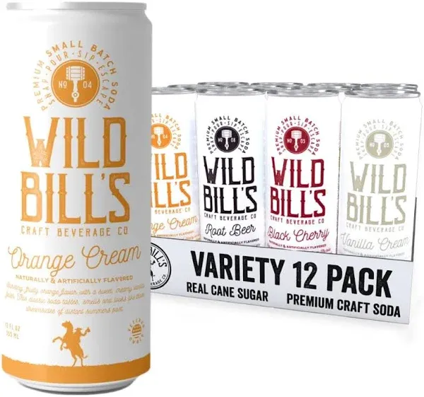 Wild Bill&#039;s 4 Flavor Craft Soda Soft Drinks Variety Pack, Root Beer,  12 Pack