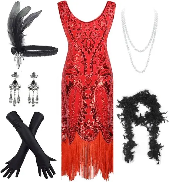 Women's Vintage 1920s Sequin Beaded Tassels Hem Flapper Dress w/Accessories Set