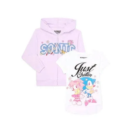 Sonic The Hedgehog Girls' Embroidered Zip Hoodie and Graphic Tee Set