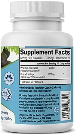 Perfect Supplements – Perfect ResGrape Resveratrol – 60 Veggie Capsules – Trans-Resveratrol & Organic Muscadine Grape