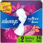 Always Radiant Pads, Flexi Wings, Heavy Flow, Light Clean Scent, Size 2 - 36 pads