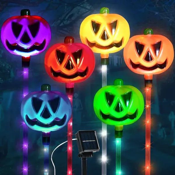 6 Pcs Solar Halloween Lights Pumpkin Garden Lights for Halloween Decorations, Outdoor Halloween Waterproof Lights, 8 Modes Pathway Lights for Garden Patio Yard Pathway Lawn Party Decor Multicolor