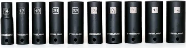 Steelman 10-Piece 1/2-Inch Drive Deep Impact Grade Thin Wall Socket Set with Wall Mount Storage, Includes 14mm, 17mm, 19mm, 21mm, 22mm, 13/16", 7/8", 15/16", 1", and 1-1/16", Laser-Etched