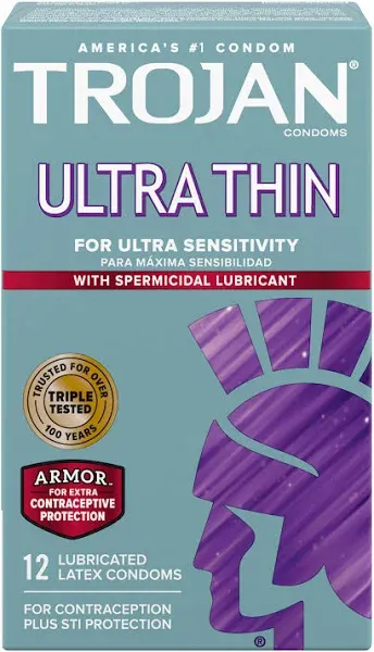 Trojan Condom Sensitivity Ultra Thin Spermicidal, 12 Count