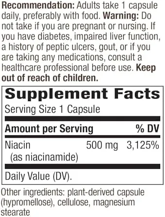 Nature's Way Niacinamide, Supports Cellular Energy*, 500mg per Serving, 100 Capsules