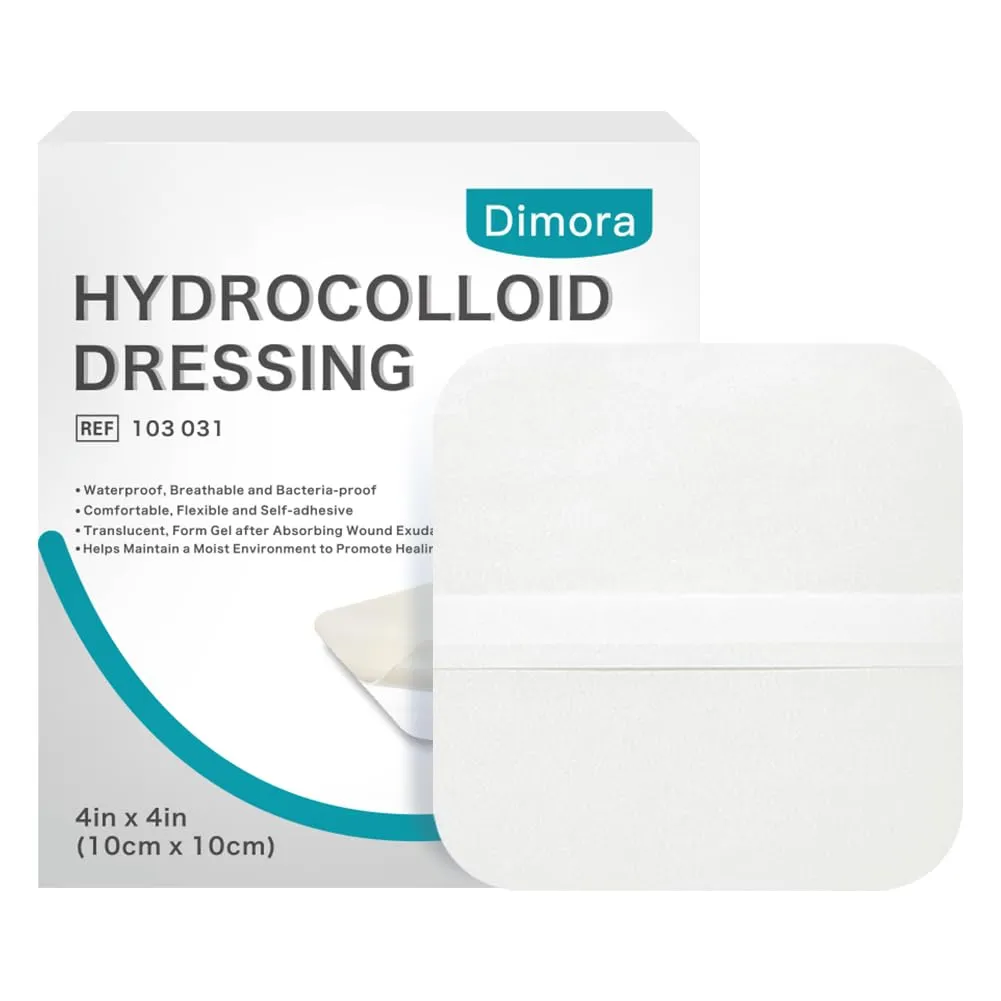 Dimora Hydrocolloid Dressing 4" x 4" for Wound Care, 10 Pack Large Patch Bandages