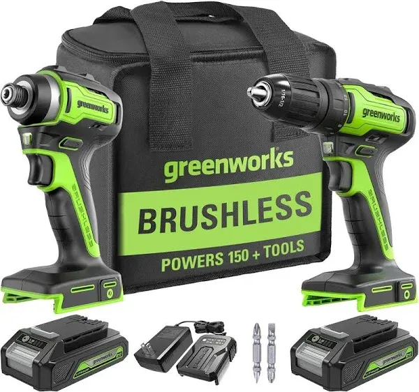 Greenworks 24V Brushless Cordless Drill and Impact Driver Power Tool Combo Kit