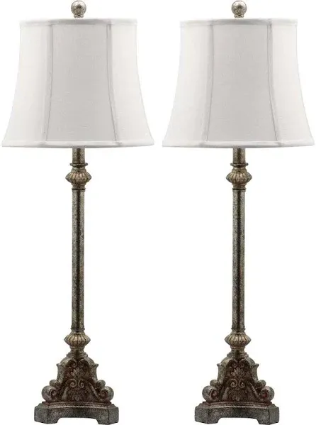 SAFAVIEH Rimini Console 33.5 in. Antique Silver Candlestick Table Lamp with Off-White Shade (Set of 2) LIT4324A-SET2