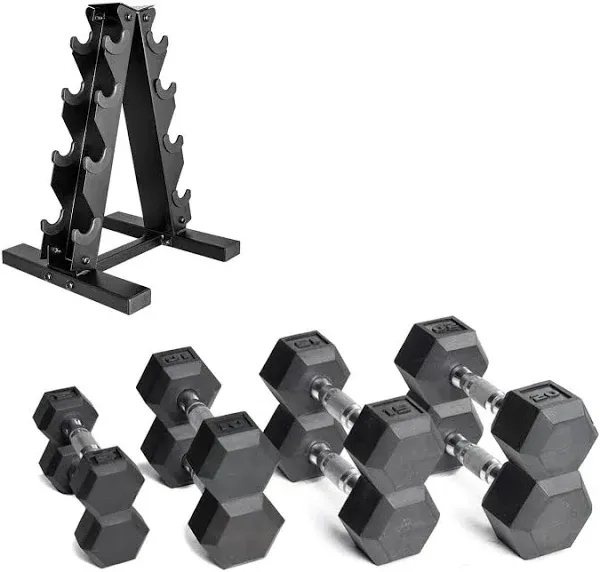 CAP Barbell 100 LB Coated Hex Dumbbell Weight Set with Vertical Rack