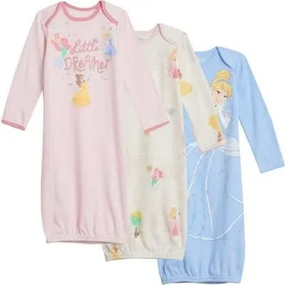 Disney Princess Cinderella Ariel Belle Tiana Princess & The Frog Baby Girls 3 Pack Long Sleeve Swaddle Sleeper Gowns Newborn