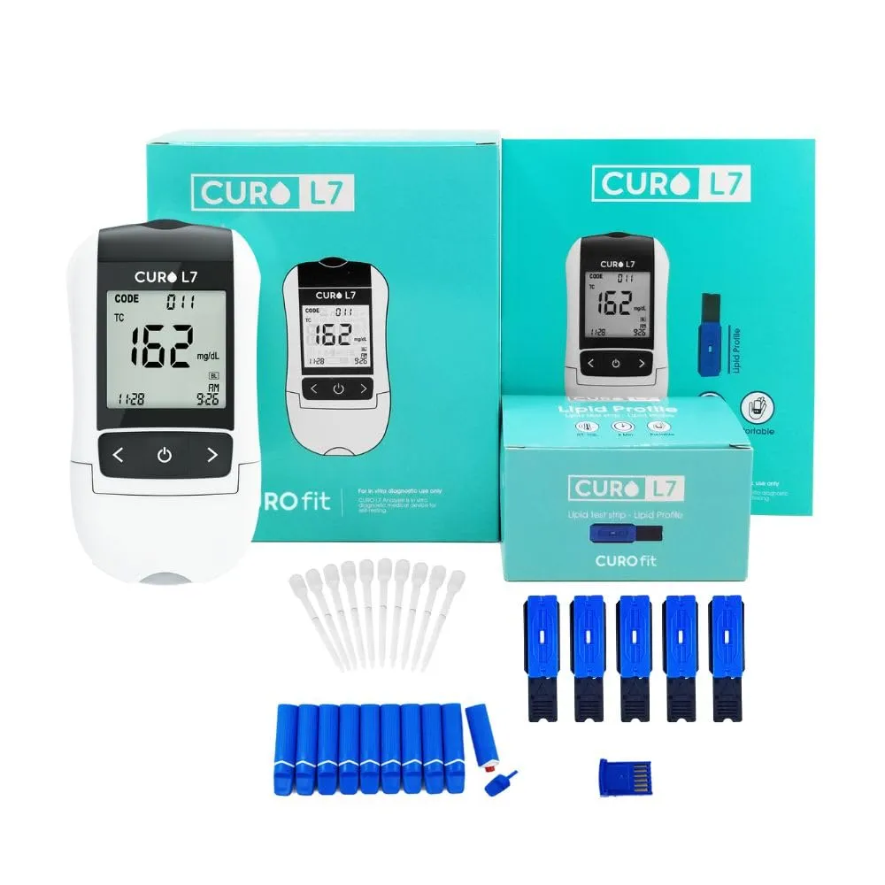 CURO-L7 Professional Grade Blood Cholesterol Testing with Home Kit - All-in-One Test Device, Test Strips 5ea, Lancets, and EziTube Rod Included