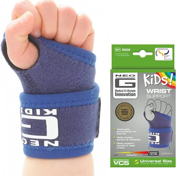 Neo-G Wrist Brace for Kids - Support For Juvenile Arthritis, Joint Pain, Hand Sprains, Strains, Sports, Gymnastics, Tennis - Adjustable Compression - Class 1 Medical Device - One Size - Blue