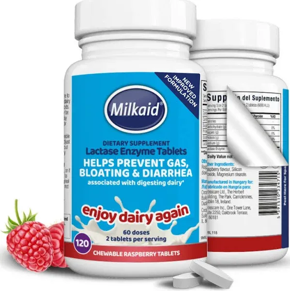 Milkaid Junior Lactase Enzyme Chewable Tablets for Lactose Intolerance Relief | Prevents Gas, Bloating, Diarrhea in Children| Fast Acting Dairy Diges