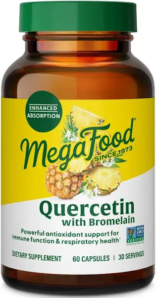 MegaFood Quercetin with Bromelain - Respiratory & Seasonal Immune Support Supplement - Quercetin 500mg Capsules & Enhanced Absorption with Bromelain - Vegan, Gluten-Free - 60 Capsules, 30 Servings