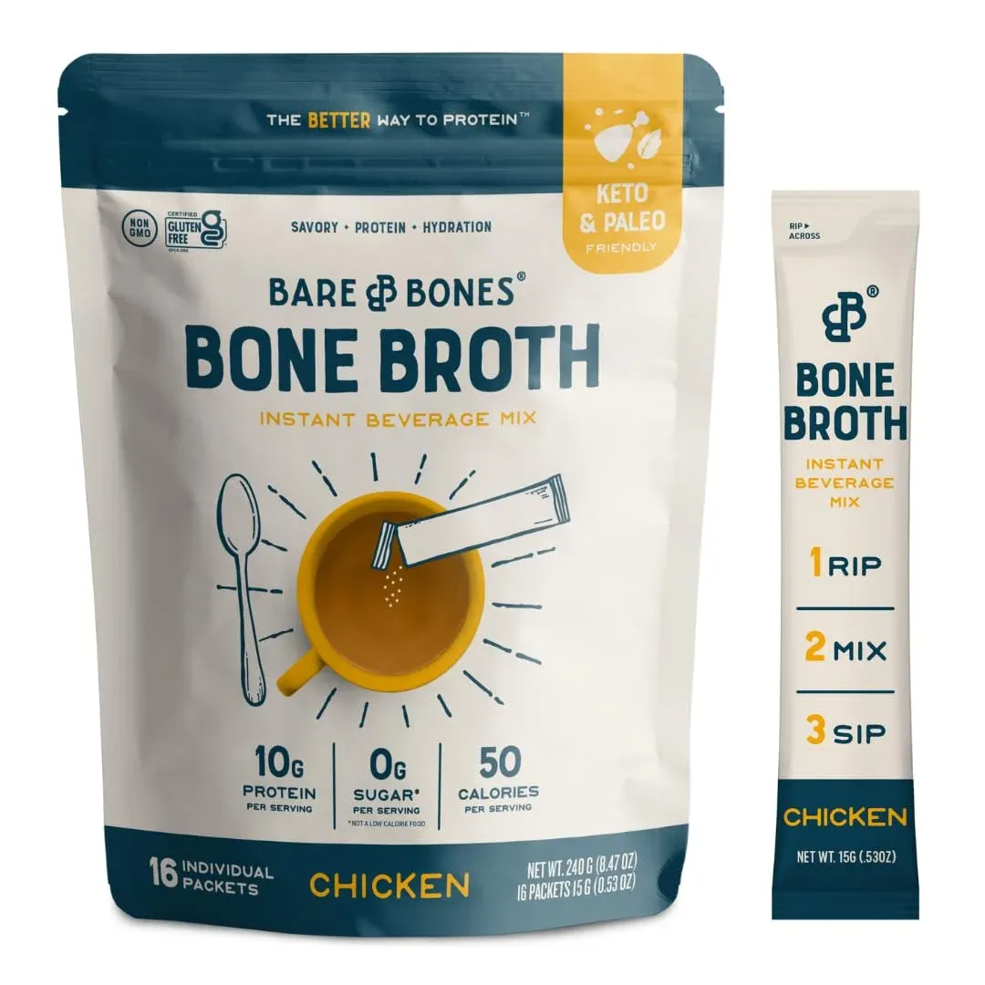 Bone Broth Instant Powdered Beverage Mix, Chicken, Pack of 16, 15g Sticks, 10...