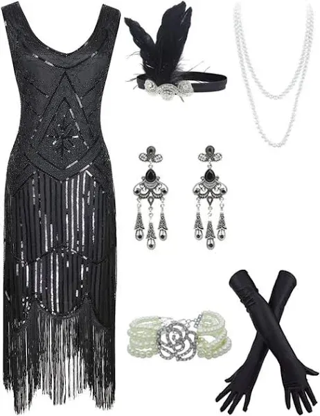 20s Flapper Gatsby Sequin Beaded Evening Cocktail Dress with Accessories Set