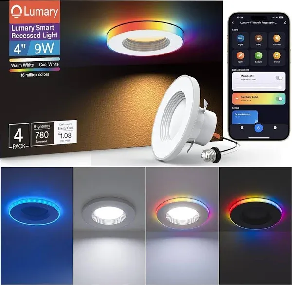 Lumary Smart Retrofit 4 Inch LED Recessed Lights, RGBAI Gradient Accent Ring & Adjustable White Round, RGB Retrofit Can Lights, 66 Scene Modes, Work with Alexa Google, 780Lm 1 Pack