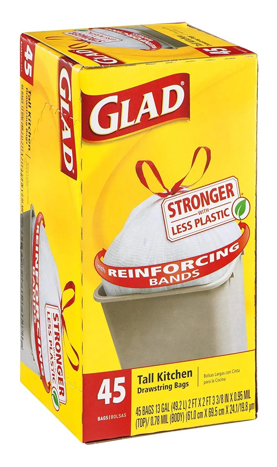 Glad ForceFlex Tall Kitchen Drawstring Trash Bags, 13 Gallon, 45 Count (Package May Vary)