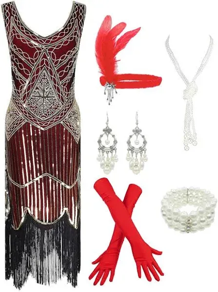 1920s Gatsby Sequin Fringed Paisley Flapper Dress with 20s Accessories Set