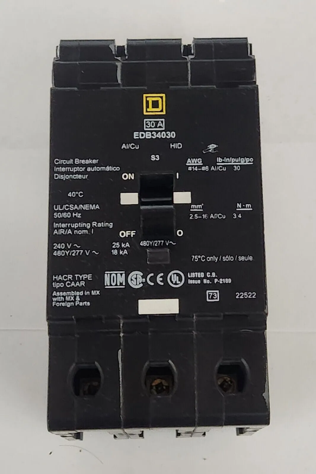 EGB34030 - Square D Bolt-On 480V 30A 3 pole circuit breaker 35kA@480V